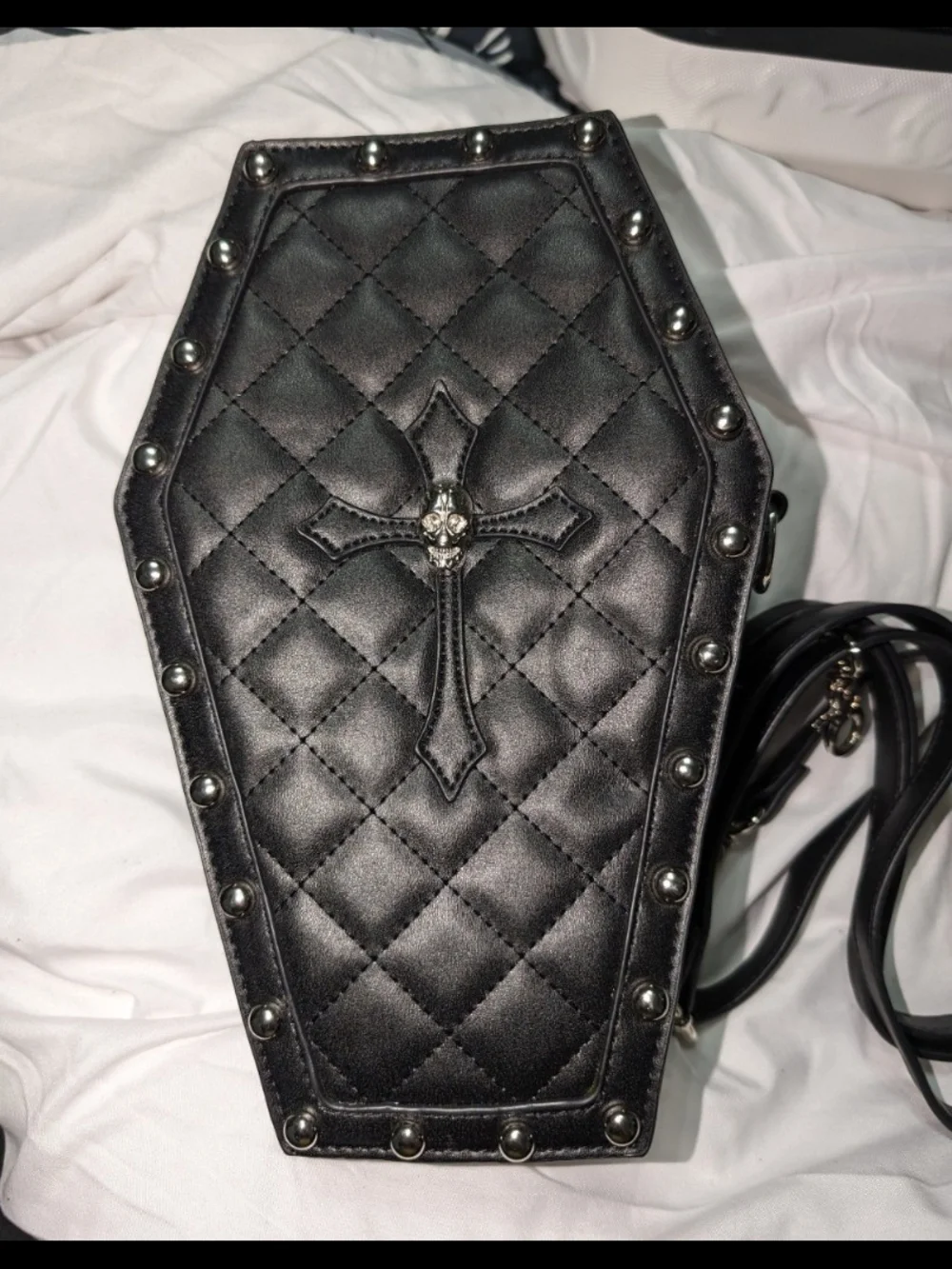 Dolls Kill Black Quilted Coffin Crossbody Bag with Studs